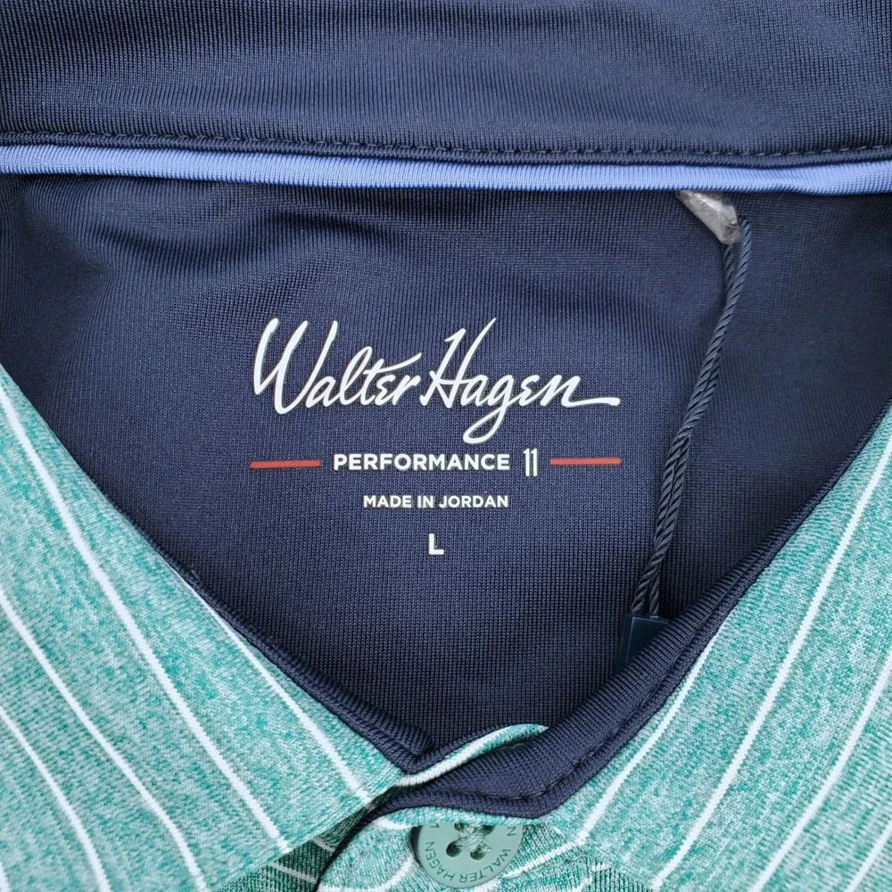 Walter Hagen Mens Large Classic Stripe Polo Shirt Performance 11 Teal White Golf